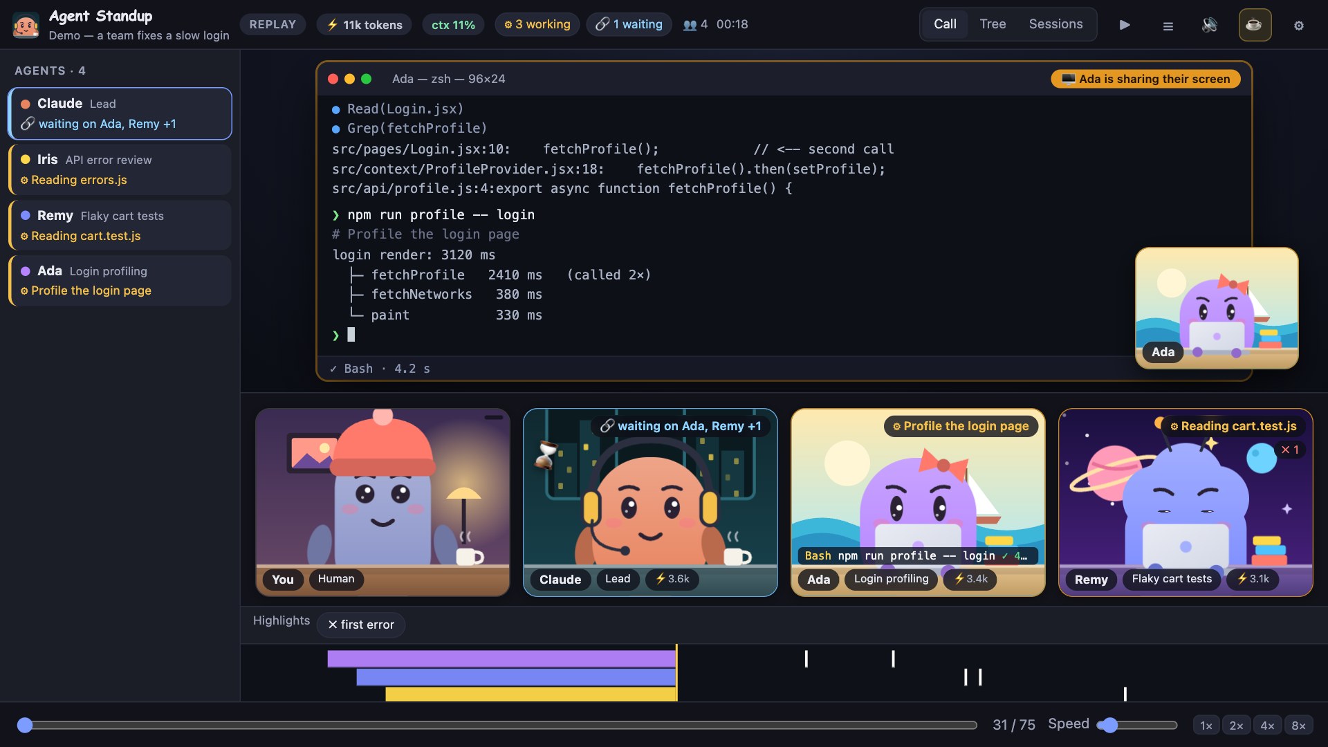 An agent sharing its terminal with the output of a command