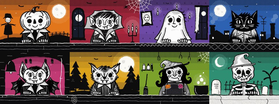 The eight characters of the Halloween pack, each in its own room